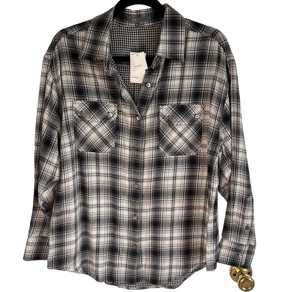 Vince Women's Button Down Long Slv Shirt Size S Black/White Plaid NWT